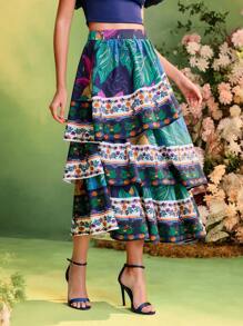 TIYA Frida Kahlo X SHEIN X Designer 夏季热带印花高腰荷叶边多层度假裙 - 彩色 - 查看 4