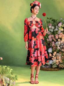 TIYA Frida Kahlo X SHEIN X Designer Floral Printed Bishop Sleeves Halter Neck Smocking Layered Midi Dress Women Summer Dress - Multicolor - View 7