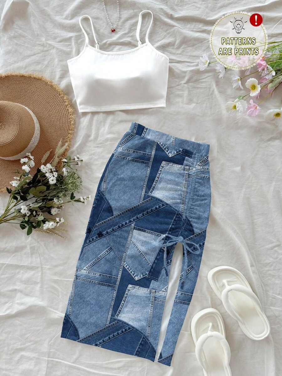 Soleia 2pcs/Set Women's Casual & Holiday Style Indigo Mechanical Texture Print Top And Shorts Set, Suitable For Summer Vacation - Multicolor - View 1