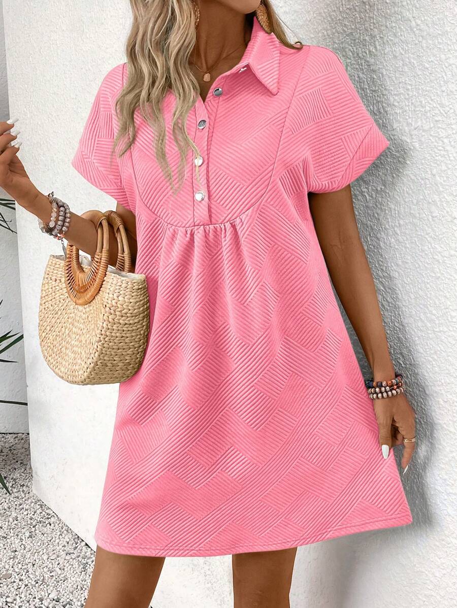 SHEIN LUNE Kort klänning med halv dragkedja och krage för kvinnor, enfärgad och texturerat tyg, sommar - Rosa - Visa 1