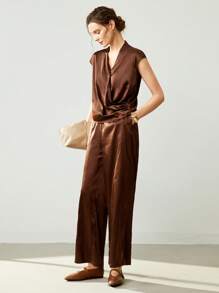 Uhlyne Bộ đồ 2 món cho nữ, gồm áo crop top dệt xếp ly cổ chữ V và tay lửng, quần ống đứng trơn, thanh lịch khi đi làm, mùa hè - màu nâu - Xem 6