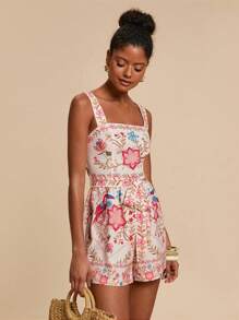 Travachic Women's Tropical Floral Print Jumpsuit/Romper, Vacation Wear,Vacation Outfits Woman,Vacay Outfits Women,Beach Vacation Outfits,Summer Outfits For Women,Romper,Jumpsuits For Woman