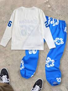 SHEIN Bolty 2pcs/Set Kids Boys Blue And White Graphic Letter & Number Print Long Sleeve Top & Drawstring Sweatpants,Autumn Streetwear School Back-To-School - Multicolor - View 2
