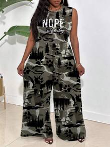 Maweii Plus Size Women Casual Loose Personalized Camouflage Sleeveless Jumpsuits