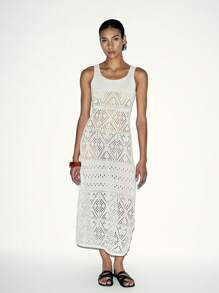 Lumivelle 女士优雅纯色针织镂空细肩带方领中长款毛衣连衣裙 - 白色 - 查看 4