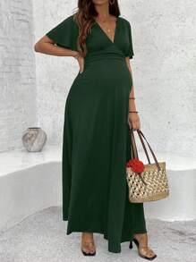 SHEIN Pregnant Women Solid Color Deep V Neck Short Sleeve Elegant Dress