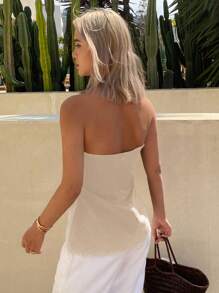 Women Summer Casual Solid Color Pleated Slim Fit Tube Top - Apricot - View 2