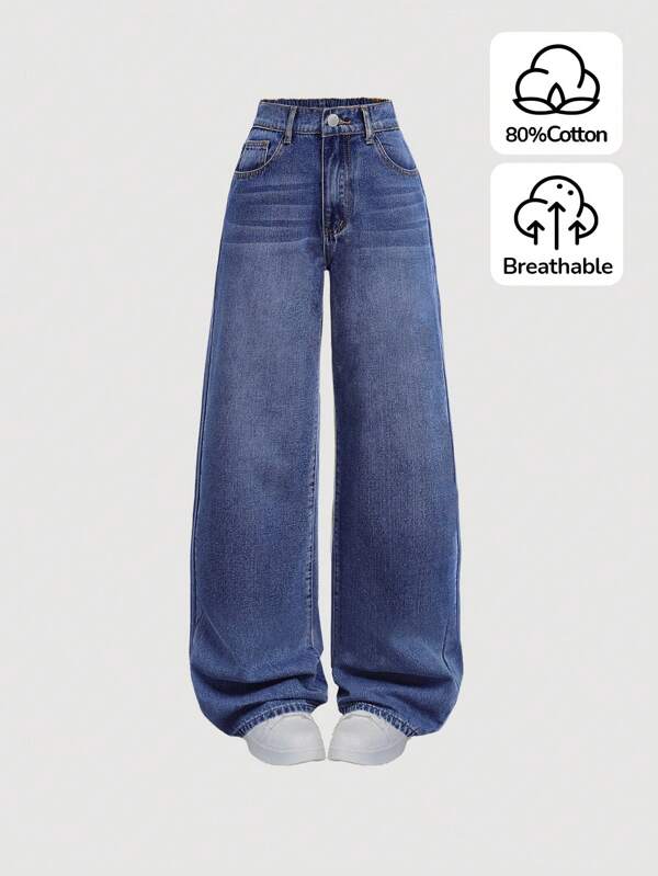 SHEIN Jeans sencillos de uso diario con estampado de bigotes de gato para niñas adolescentes