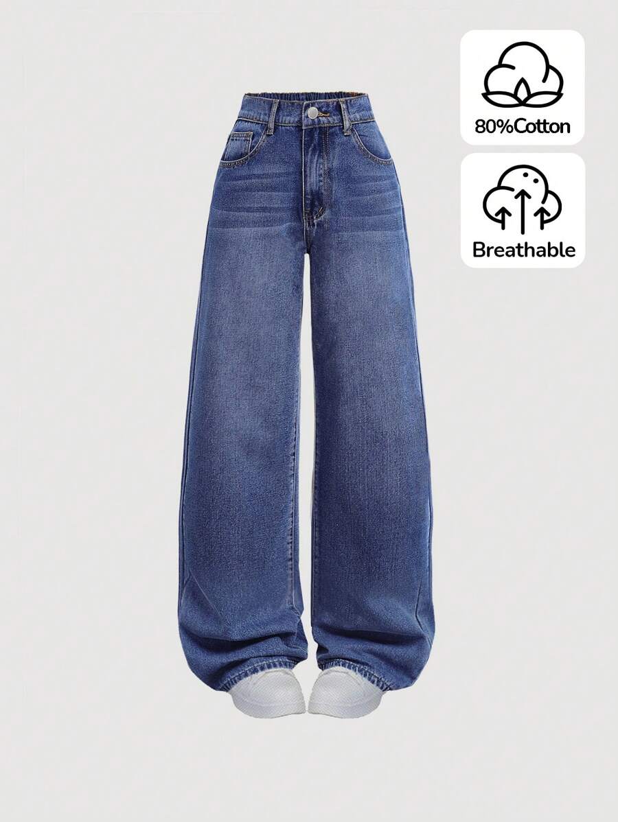 SHEIN Teen Girls Cat Whiskers Simple Daily Jeans - Dark Wash - View 1