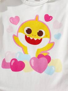 BABY SHARK X SHEIN Baby Girl Cartoon Cute Yellow Shark Heart Graphic White Casual Short Sleeve Bodysuit And Pink Mesh Cute Mini Skirt Set - Multicolor - View 4