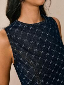 Poéselle New Women's Denim Dress Sleeveless Waist A-Line Dress Short Dress Jacquard Dress Dark Blue Autumn Clothing Going Out Clothing Casual Office Clothing Music Festival Clothing Y2K Clothing Back To School Clothing Pattern Dress Dark Blue Dresses Textured Dress