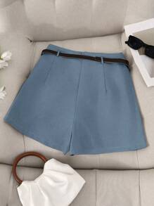 Calvaya Plus Size Women Solid Color Elegant Belt Decorated Shorts, Elegant For Commuting, Outgoing, Summer, Office, Party, Casual Wear Women Summer Clothing Women Plus Clothing Shorts Women Short Sets Women Short Set Women Summer Sets