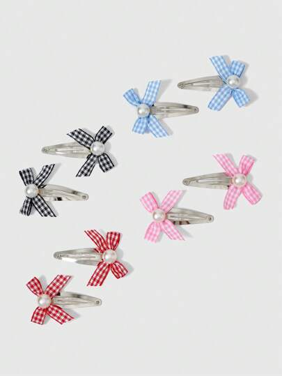 Anime 8 Pcs Random Color Cute Bow & Faux Pearl Hair Clips, Handmade Sweet Lolita Red, Pink, Blue, Black Plaid Printed BB Hair Clips, Colorful Creative Everyday Hair Accessories