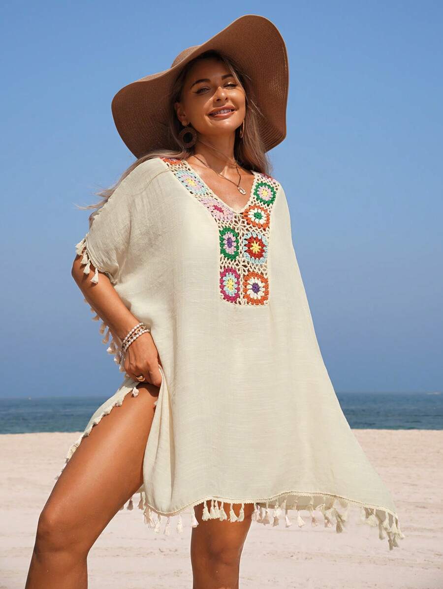 Swim Chiccia 女士卡其色和米色彩色钩针波西米亚风流苏罩衫，休闲春夏海滩度假派对罩衫