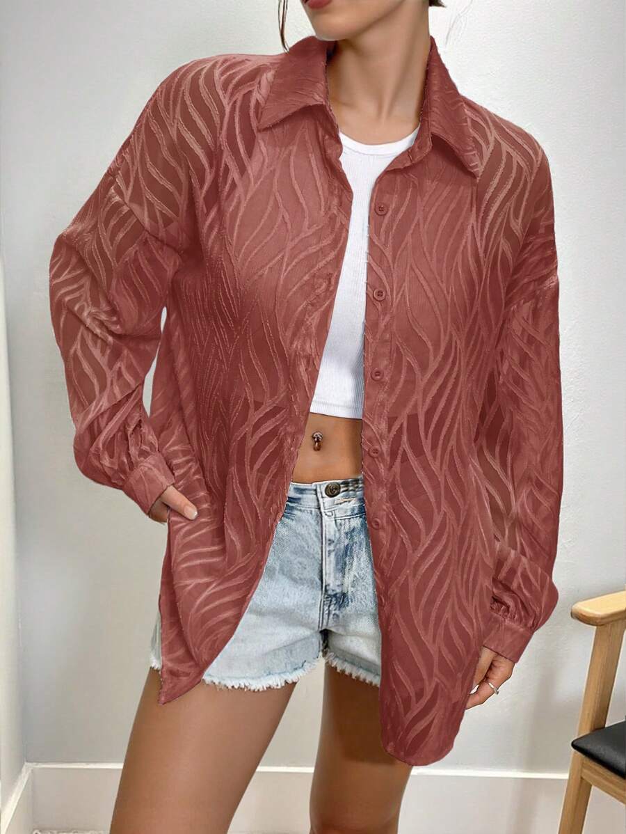 INAWLY Women's Loose Jacquard Casual Solid Color Shirt Fall Cloth For Women - Rust Brown - View 1