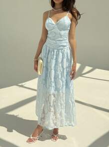 Aloruh Vestido con tirantes de espagueti romántico con pliegues texturizados para damas, apto para vacaciones/días festivos - Rosa - Ver 5