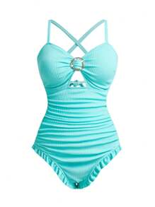 Swim Mod Plus Size Women Stylish Ruched Frill Trim One-Piece Swimsuit, One-Piece Bathing Suit For Summer Beach Vacation - Blue - View 1