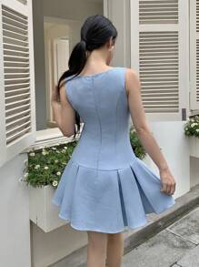 Modelyn Women's Sleeveless Solid Waffle Ruffle Collar Mini Dress, Summer - Blue - View 2
