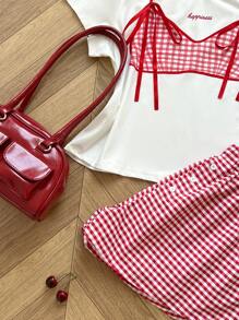 Sunspun Conjunto de 2 piezas de Playera con cuello redondo y estampado de moño talla extra + Shorts con estampado a cuadros y cintura elástica - Multicolor - Ver 3