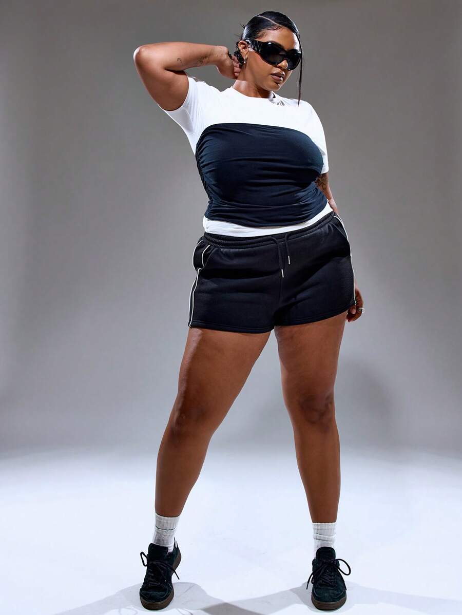 MUSERA Plus Size Women Tie Front Jogger Shorts Streetstyle Holiday 90's Y2k Cute Casual City Muse Athletic Shorts, Everyday Curve Autumn Winter Fall