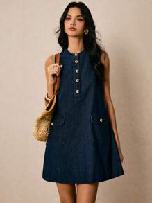 Poéselle 新款女式牛仔连衣裙半开襟无袖A字直筒连衣裙蓝色秋季服装法式休闲女士休闲连衣裙度假连衣裙返校节连衣裙外出连衣裙老款连衣裙返校生日女士连衣裙女士教师装