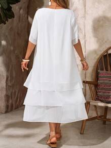 EMERY ROSE 大码休闲连衣裙，白色圆领无袖不对称下摆飘逸节日波西米亚连衣裙，适合春夏季波西米亚风格女式夏季连衣裙西方女装度假白色女式连衣裙乡村音乐会服装乡村服装女式，飘逸连衣裙分层连衣裙纱布女式白色休闲连衣裙女式夏季连衣裙 - 白色 - 查看 3