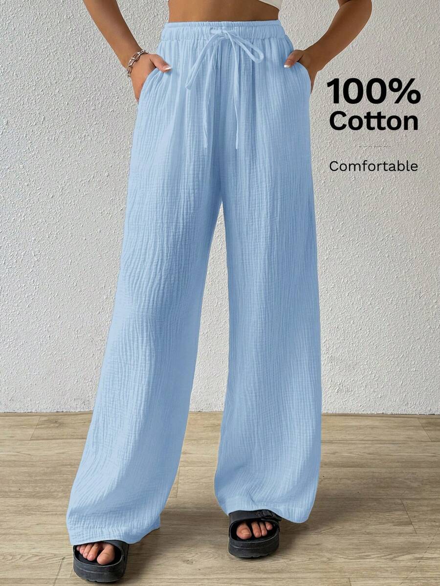 SHEIN EZwear 夏季纯色纹理褶皱面料宽松抽绳腰系带纯棉休闲度假大码阔腿裤 - 淺藍色 - 查看 1