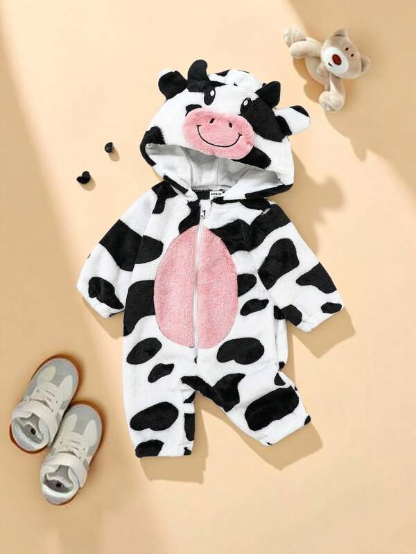 SHEIN Playful Pals Baby Girls Cow Design Hooded Fuzzy Costume Jumpsuit