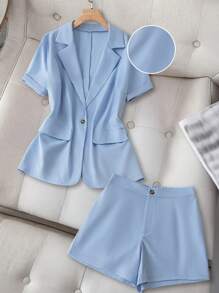 SHEIN Clasi Plus Size Solid Color Short Sleeve Top And Shorts Set, Elegant Summer 2 Pieces Outfit - Green - View 1