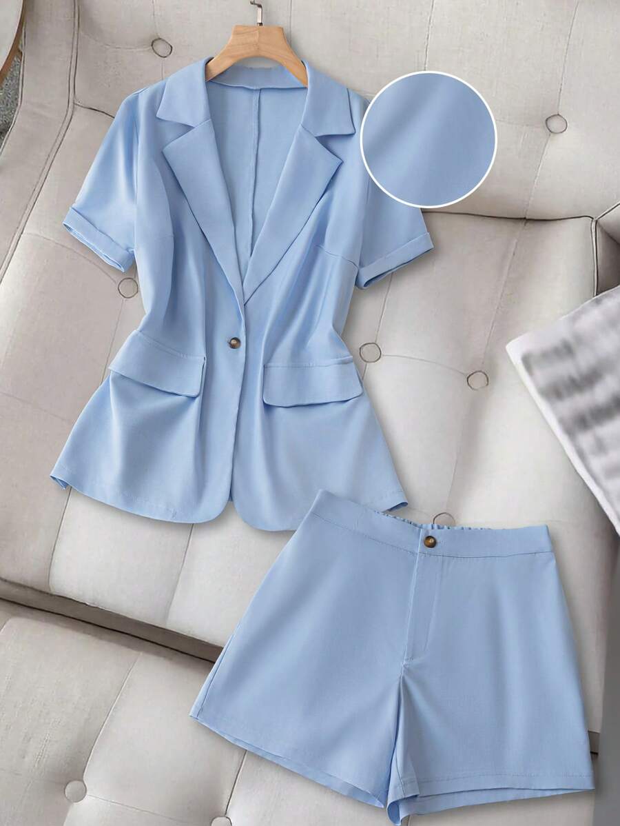 SHEIN Clasi Plus Size Solid Color Short Sleeve Top And Shorts Set, Elegant Summer 2 Pieces Outfit - Green - View 1