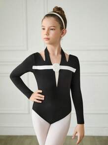 SHEIN Black Ballet Leotard For Tween Girls, Halter Neck Design, White Flower Decor On Front, Elegant & Versatile For All Seasons - Black - View 7