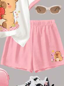 SHEIN Leap Crew Set de 2 piezas de Camiseta de manga corta de cuello redondo casual simple y Pantalones cortos sueltos con estampado de Cabibara de fresa rosa y crema para niña preadolescente, perfecto para un verano relajado - Multicolor - Ver 5