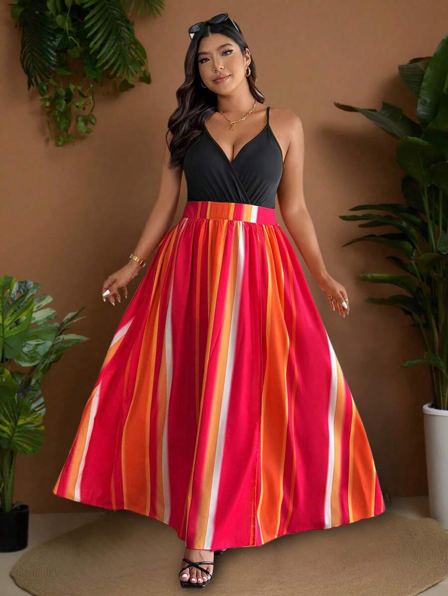 Sunserae Plus Size Women V-Neck Sling Striped Print Split Hem Dress Tropical Colorblock Floral Print Boho Vacation Fashionable Style For Summer - Hot Pink - View 1