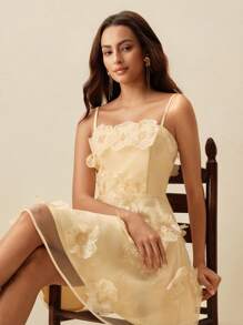 Anewsta 优雅白色欧根纱花卉装饰 A 字型伴娘鸡尾酒礼服，束腰修身短裙，适合夏季、假日、休闲、节日、度假 - 黃色 - 查看 3