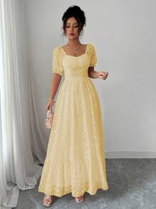 Modelyn 女士优雅甜美泡泡袖提花面料喇叭裙，夏季时尚风格 - 黃色 - 查看 6
