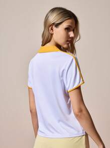 Gameset SHEIN Sport 女式可调节领扣撞色宽松休闲高尔夫运动网球 Polo 衫，春夏 - 白色 - 查看 3