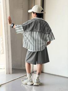 SHEIN 2-Pack Tween Boy Casual Sports College Artistic Style Retro Japanese And Korean Loose-Fitting Striped Lapel Shirt With Large Letter Pattern And Shorts Suit Suitable For Kids Outfits Toddler Boy Clothes Back To School Boys Set Suitable For Birthday Parties, Evening Parties, Performances, Weddings, Baptisms, Opening Ceremonies Daily Suitable For Daily Use Suitable For School Suitable For Travel Suitable For Sports Suitable For Spring And Summer Seasons