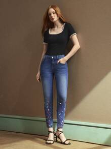 SHEIN BAE 女士牛仔裤，Selenza 十二生肖系列 - 五月诞生石：祖母绿，工艺系列，优雅通勤与休闲，高贵，健康，治愈，鼓舞人心，团结和同理心 - 藍色 - 查看 6