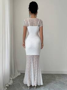 Elenzga Women's Summer Round Neck Short Sleeve Bodycon Maxi Dress Set, Mesh White Lace Maxi Dress & Camisole Mini Dress, Elegant For Dating, Party, Beach Vacation