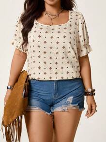 SHEIN LUNE 大码女式度假碎花方领泡泡袖衬衫 - 彩色 - 查看 7