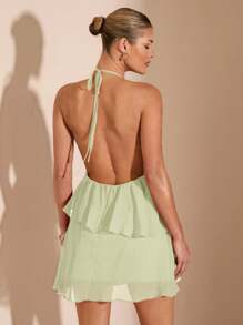 SHEIN BAE 夏季海滩度假纯红色层叠荷叶蛋糕雪纺迷你连衣裙，适合日常约会、夜间外出、夜总会、派对、聚会、鸡尾酒会、泳池派对、返校季服装、学校季连衣裙、节日连衣裙、芭蕾舞裙