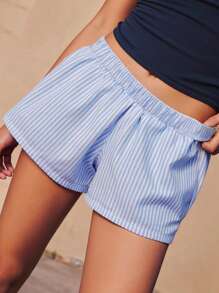 SHEIN Damen Blaue & Weiße Gestreifte Lässig Shorts - Blau-Weiß - Übersicht 2