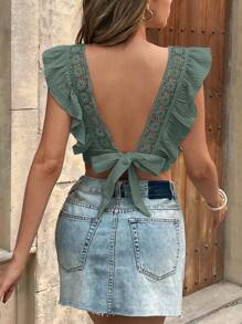 SHEIN Frenchy Blusa corta de mujer de verano, con diseño sexy de unicolor, parche de encaje, espalda descubierta y dobladillo con volantes
