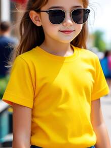 SHEIN Young Girl Solid Color Casual Round Neck Short Sleeve T-Shirt, Suitable For Summer - Yellow - View 1