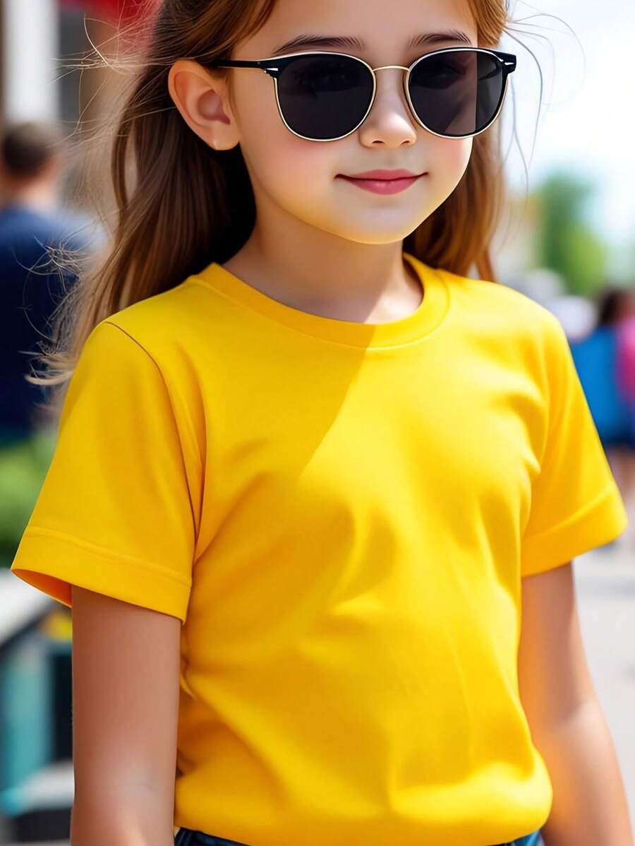 SHEIN Young Girl Solid Color Casual Round Neck Short Sleeve T-Shirt, Suitable For Summer - Yellow - View 1