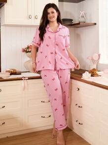 Conjunto de pijama de talla grande con Top de manga corta con volantes y lazo, y pantalones a rayas - Multicolor - Ver 6