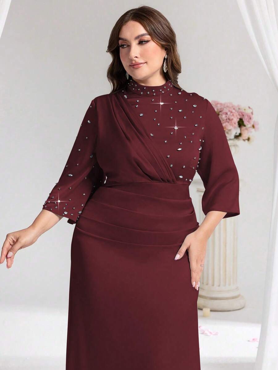 Coutiva Luxury Formal Gown, Rhinestone Splicing Detail, Elegant High-End Maxi Dress For Formal Occasions - Burgundy - View 1