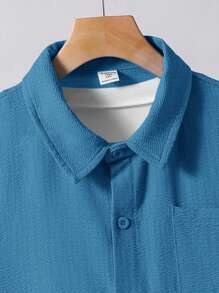 SHEIN 2pcs/Set Teenager Boy Casual Comfortable Textured Short Sleeve Shirt And Shorts Set Summer Clothes Short Sets For Teen Boys Boys Blue Short Set - Dusty Blue - View 3