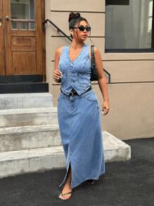 SHEIN ICON Plus Size Distressed Wash Blue Loose Slit Denim A-Line Skirt - Blue - View 7