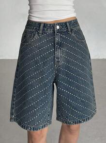 DAZY 女士夏季水钻装饰休闲宽松直筒七分牛仔短裤亮片 - 深色水洗藍 - 查看 1